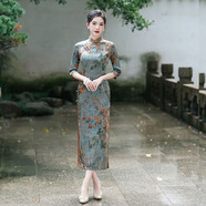 應(yīng)否旗袍長(zhǎng)款旗袍春秋復(fù)古修身顯瘦改良日常旗袍演出服中國(guó)風(fēng)旗袍夏季 綠竹葉長(zhǎng) XL