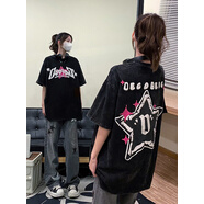 嬌茹妮 美式vintage高街國潮牌短袖T恤女oversize小眾設(shè)計(jì)感短袖女ins潮 黑色（純棉260克重磅不起球） XL