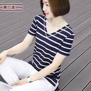 橫行道夏裝新款2024韓范休閑寬松顯瘦女裝粗橫條紋短袖t恤上衣服v領(lǐng)外穿 藍(lán)大白小 L