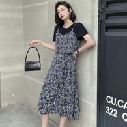 索宛亦（SUOWANYI）連衣裙2023夏季新款韓版女假兩件碎花吊帶雪紡荷葉邊高腰雪紡長裙 黑拼藍 3XL 140-160斤