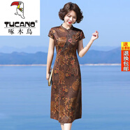 啄木鳥(niǎo)官方品牌香云紗旗袍真絲連衣裙顯瘦夏裝女短袖刺繡收腰裙子 深棕色 精品質(zhì)量 L 建議-110斤