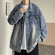魯賓克 破洞牛仔外套男寬松秋季原宿bf風(fēng)褂子港風(fēng)青年學(xué)生涂鴉牛仔夾克 SS-B99藍色 XL (120-140斤)