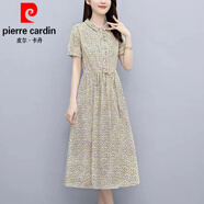 皮爾卡丹（pierre cardin）全棉小碎花連衣裙女中長款2025夏時尚氣質(zhì)翻領(lǐng)顯瘦印花純棉布裙子 杏色 2107款 L 建議105-115斤