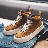 百狄（BYETIVE）鞋子男新款高幫板鞋男冬季加絨工裝鞋男百搭磨砂皮面運動(dòng)休閑鞋男 黃棕色(真皮) 43皮鞋碼