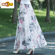 初徑2026新款長(cháng)裙女夏印花雪紡半身裙中長(cháng)款裙子a字大擺裙及踝沙灘裙 水墨牡丹【裙長(cháng)90cm】 2XL 140-160斤