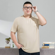 男士圓領(lǐng)短袖t恤純棉寬松中老年純色全棉汗衫加肥加大碼夏季 米黃 M(90-130斤)