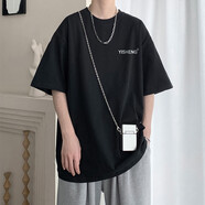 佘曼萊重磅純棉短袖t恤男夏季寬松美式圓領(lǐng)半袖上衣服體恤潮牌男裝學(xué)生 黑色【YISHENG】 XL