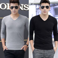 珊詩(shī)麗【2件裝】長(cháng)袖t恤男士v領(lǐng)純色薄款黑色潮秋衣服修身打底衫春夏季 V領(lǐng)淺灰色:V領(lǐng)黑色 2XL 【125-145斤】