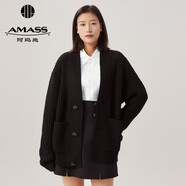 阿瑪施（AMASS）女裝時(shí)尚百搭華夫格V領(lǐng)寬松粗棒厚款針織開衫毛衣外套女5499196 黑 L (4碼)