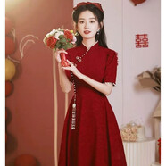 蘭卡·羅妮中式旗袍敬酒服新娘酒紅色小個子結(jié)婚訂婚禮服連衣裙平時可穿甜美 酒紅色 M