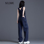 你牛我褲牛仔背帶褲女2025新款春秋小個(gè)子美式工裝大口袋寬松直筒闊腿褲 深藍 M