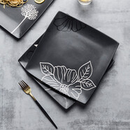 INSCRIPTION手繪日式方形陶瓷盤(pán)子餐廳家用菜盤(pán)西餐盤(pán)牛排盤(pán)早餐盤(pán)子陶瓷餐具 牡丹黑色大盤(pán)