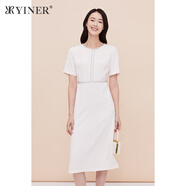 YINER音兒專選女裝夏季法式優(yōu)雅都市氣質(zhì)釘鉆收腰顯瘦知性連衣裙 米白 M