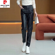 皮爾卡丹（pierre cardin）皮褲女秋冬2024新款秋款高腰顯瘦小個(gè)子休閑大尺碼防風(fēng)PU皮哈倫褲 黑色 27/M 【96-105斤】