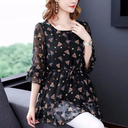 月袖（YUEXIU）碎花短袖T冰絲女2022夏季新款韓版洋氣五分袖上衣收腰中長款小衫 黑色 【小編】 2XL 建議130斤-145斤