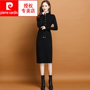 皮爾卡丹（pierre cardin）加絨加厚假兩件針織連衣女秋冬中長(zhǎng)款系帶新款修身打底內(nèi)搭毛衣 黑色不加絨 L 推薦100-115斤