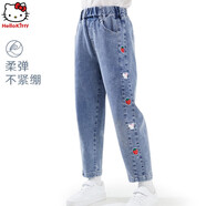 Hello Kitty凱蒂貓女童牛仔褲兒童褲子春秋新款休閑褲中大童老爹褲直筒褲洋氣 牛仔藍(lán) 120