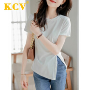 KCV女裝短袖T恤女夏季新品修身顯瘦設計感開(kāi)衩小心機百搭上衣 白色 M