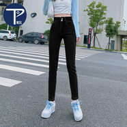 PMOG雙扣高腰牛仔褲女韓版款2023年新款春秋顯瘦鉛筆彈力緊身小腳褲子 [腰帶]+366黑色 雙排扣(彈力 26 建議86-93斤