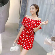 嫻槐網(wǎng)紅一字肩波點(diǎn)雪紡連體褲短褲套裝女夏韓版連衣闊腿褲高腰顯瘦潮 短款紅色【網(wǎng)紅/波點(diǎn)】 S