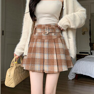 瑟空（SEKONG）2026秋冬新款復古校園風(fēng)百褶裙女高腰百搭傘裙顯瘦工裝半身裙YLD 卡其格子裙 2XL 128-140斤