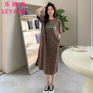 樂(lè )雅秀胖mm2-300斤夏裙子寬松大碼字母豹紋連衣裙女中長(cháng)款過(guò)膝T恤連衣裙 豹紋版 L 建議100-115斤