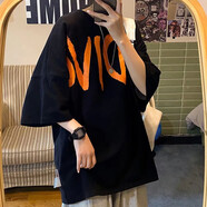 獅之南歐美高街純棉T恤短袖男美式vintage五分袖oversize中性情侶裝 黑色 XL