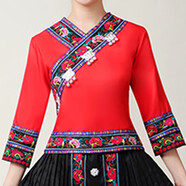 菲奢蘭貴州苗族衣服女民族風(fēng)上衣云南少數(shù)民族演出服裝廣場(chǎng)舞壯族服 長(zhǎng)1袖紅色蝴蝶鈴上衣 XL_108到118斤