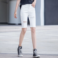 箐冉兒緊身五分褲女夏季破洞牛仔短褲女潮2020新款顯瘦直筒高腰薄款中褲 白色 29
