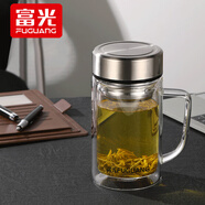 富光帶把玻璃杯手柄男女士大容量泡茶杯雙層辦公室耐高溫高硼硅水杯子 本色380ml【雙層高硼硅玻璃】