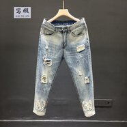寫(xiě)璇（XIEXUAN）網(wǎng)紅同款褲子精神小伙小腳褲破洞九分牛仔褲潮男社會(huì )人乞丐緊身褲 6066淺藍 28