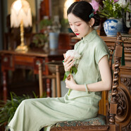 一城風(fēng)絮若玉丨復(fù)古中式民國風(fēng)學(xué)生年輕日常連肩袖短旗袍裙原創(chuàng) 灰豆綠色 XS