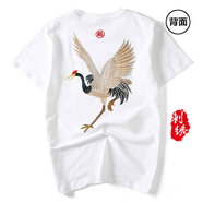 天龍致尊（Denon supreme）短袖t恤男裝夏季中國風(fēng)麒麟刺繡寬松純棉情侶國潮上衣服男士T恤衫 858仙鶴白色 XL(建議140-155斤)