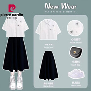 皮爾卡丹品牌大童女裝12-14歲初中學(xué)生連衣裙15夏裝13少女孩甜美洋氣過膝長裙 白色襯衫+黑色半身裙+蝴蝶 S 建議60-95斤