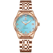 歐綺娜（MG.ORKINA MG）女士時(shí)尚個(gè)性手表 全自動(dòng)鏤空機械表 防水夜光貝母表盤(pán)鑲鉆腕表 淺綠-金鋼帶