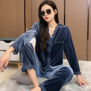 伊森尼尼金絲絨睡衣女秋冬季長袖家居服套裝甜美法式2025新款v領(lǐng)保暖衣 藍(lán)色 L 建議100-110斤