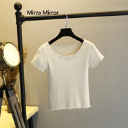 Mirza Mirror冰絲短款短袖T恤女打底衫夏季新款百搭套頭漏肚臍花邊針織T恤上衣 杏色 均碼