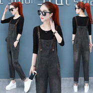 索宛亦（SUOWANYI）背帶褲女韓版寬松2021新款秋冬減齡顯瘦小個(gè)子牛仔連體褲微胖女裝 8035#黑色 XL 建議體重115-125斤