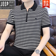 吉普（JEEP）高檔歐美式翻領(lǐng)拉鏈條紋t恤純棉短袖p0lo衫男裝夏季潮牌半袖T男士 815黑色 M 適合90-110斤