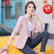 皮爾卡丹（pierre cardin）格子短款小西裝女2025春新款潮網(wǎng)紅修身女士韓版百搭女裝外套同款 粉色 XL 建議體重100斤-115斤