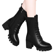 古奇天倫不加絨馬丁靴女式高粗跟秋冬天高幫皮鞋女裝方根上班鞋高腰中筒靴 黑色(加絨) 34