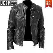 JEEP SPIRIT大碼2025新款男立領(lǐng)修身皮夾克拉鏈口袋裝飾pu皮衣機車(chē)服潮酷男裝 黑色 4XL