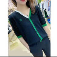 XEHCI夏季薄款鏤空冰絲針織衫女寬松撞色外套短袖上衣女 黑色 #XL(建議120-130斤)
