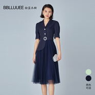 BBLLUUEE Color粉藍(lán)衣櫥名媛氣質(zhì)拼網(wǎng)紗短袖連衣裙女2022夏裝新款假兩件 水墨藍(lán) 2XL 175/44