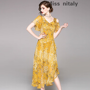 miss nitaly新款夏季連衣裙不規(guī)則露肩雪紡長裙氣質淑女海邊度假沙灘裙性感 黃色 L