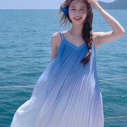 西兒法式漸變吊帶連衣裙超仙度假風(fēng)海邊夏寬松顯瘦無袖長款百褶波浪裙 漸變冰川藍【95-120】