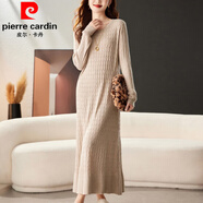 皮爾卡丹（pierre cardin）秋冬針織連衣裙2024新款女直筒寬松加長款內搭打底毛衣裙過膝裙子 米色 2XL