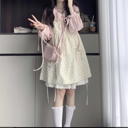 揚覓娃娃領(lǐng)連衣裙秋冬日系甜美小個子奶黃色背心女學(xué)生+粉色襯衫兩件/ 套裝波點背心裙+粉色襯衫 L