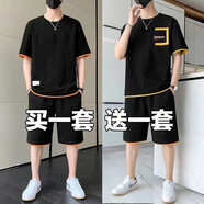 gxmy短袖t恤套裝男士夏季韓版潮流寬松兩件套青少年運動休閑衣服男裝 X91黑色+X33黑色 XL 【120-140斤】