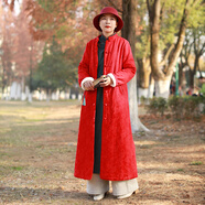 亂在江南冬季長款棉衣女新款復(fù)古中國風(fēng)提花棉盤扣過膝加厚加絨外套 紅色 M